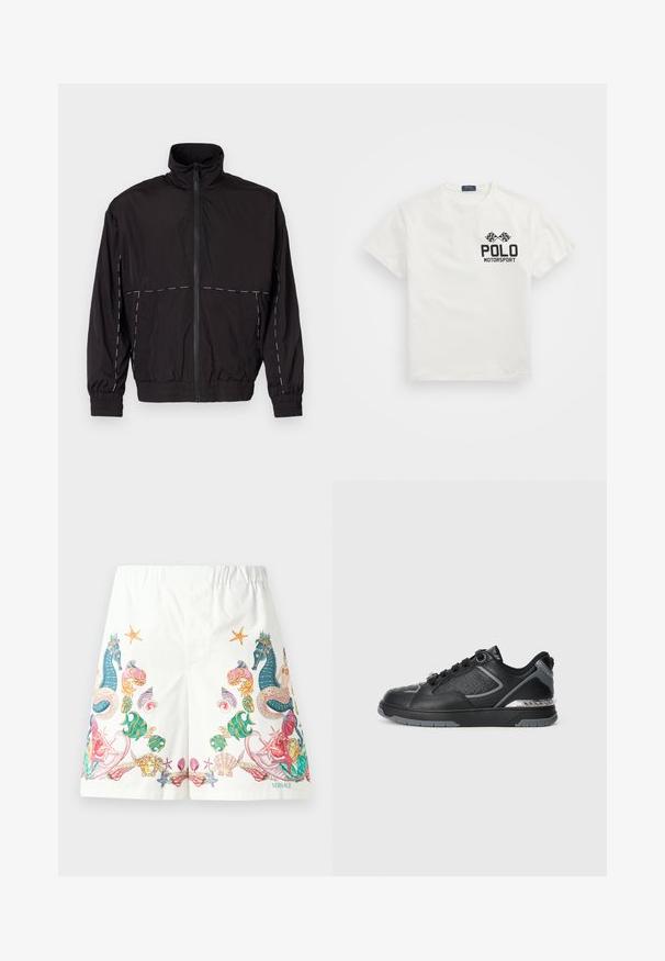 Zwarte lichtgewicht jas met hoge kraag en ritssluiting. Heeft witte stiksels op de schouders en mouwen. Elastische manchetten.; Witte katoenen T-shirt met een ronde hals, voorzien van een zwart "Polo Motorsport" logo en gekruiste geblokte vlaggen op de linkerborst.; Witte shorts van stof met kleurrijke graphics in oceaanthema, waaronder zeepaardjes, schelpen en sterren, met een trekkoord in de taille.; Zwarte leren sneaker met textuurdetails, zilveren accenten, ronde neus en een gemêleerde middenzool met een logo. Vetersluiting.