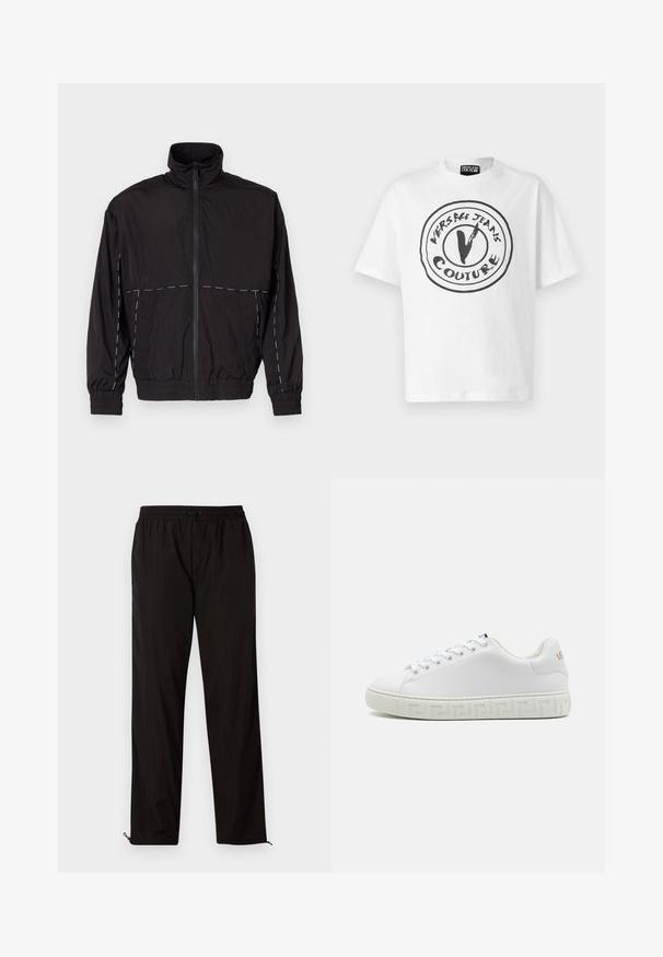 Fekete, könnyű dzseki magas gallérral és cipzáras záróval. Fehér varrási díszítésekkel a vállakon és az ujjakon. Rugalmas mandzsetták.; Versace Jeans Couture Nyomott mintás póló - white; Fekete, könnyű nadrág, elasztikus derékkal, húzózsinórral és cipzáros szegélyekkel, amelyek lehetővé teszik az állítható illeszkedést. Simaság és elegáns textúra.; Fehér sportcipő sima bőr felsőrésszel, lapos fűzőkkel és geometrikus mintázatú gumi talppal. Diszkrét logó a cipő oldalán.
