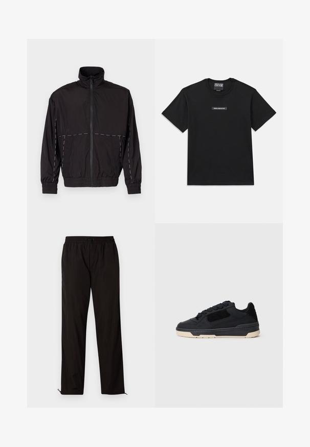 Casaco leve preto com gola alta e fecho de correr. Apresenta detalhes em costura branca nos ombros e mangas. Punhos elásticos.; T-shirt preta de manga curta feita de algodão. Apresenta um rótulo retangular de logo no peito com "VERSACE JEANS COUTURE" em texto branco.; Calças leves pretas com cintura elástica, fecho por cordão ajustável e bainhas com fecho de correr para ajuste. Textura suave e elegante.; Sapatilha preta de cano baixo com sola grossa em bege, painéis em camurça e couro, e atacadores redondos pretos, mostrada em perfil lateral esquerdo.