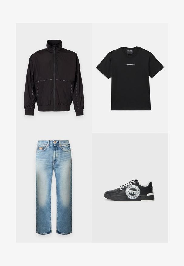 Black lightweight jacket with a high collar and zip closure. Features white stitching accents on the shoulders and sleeves. Elastic cuffs.; Black short-sleeve t-shirt made from cotton. Features a rectangular logo label on the chest with "VERSACE JEANS COUTURE" in white text.; Light blue straight-leg denim jeans with faded areas, five-pocket design, belt loops, and a button closure at the waist.; Black leather sneakers with white accents, round logo detailing, perforated toe, and contrasting sole. Features white laces and branding.