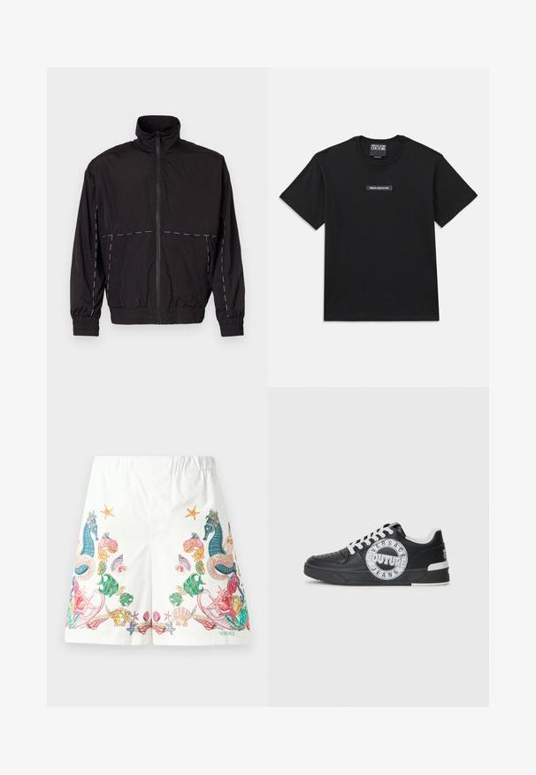 Giacca nera leggera con colletto alto e chiusura a zip. Presenta dettagli in cucitura bianca sulle spalle e sulle maniche. Polsi elasticizzati.; T-shirt nera a maniche corte realizzata in cotone. Presenta un'etichetta logo rettangolare sul petto con "VERSACE JEANS COUTURE" in testo bianco.; Pantaloni corti bianchi in tessuto con grafiche colorate a tema oceano, tra cui cavallucci marini, conchiglie e stelle marine, dotati di vita con cordoncino.; Sneaker nere in pelle con accenti bianchi, dettagli del logo rotondo, punta perforata e suola a contrasto. Presentano lacci bianchi e branding.