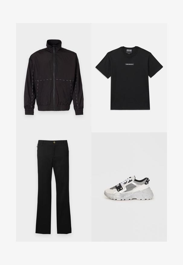 Μαύρο ελαφρύ μπουφάν με ψηλό γιακά και κλείσιμο με φερμουάρ. Διαθέτει λευκές ραφές στις ώμους και τα μανίκια. Ελαστικές μανσέτες.; Μαύρο κοντομάνικο μπλουζάκι από βαμβάκι. Διαθέτει ορθογώνια ετικέτα λογότυπου στο στήθος με την ένδειξη "VERSACE JEANS COUTURE" σε λευκό χρώμα.; Μαύρο παντελόνι από υφαντό μείγμα βαμβακιού, με ίσια γραμμή, μπροστινές τσέπες και διακόσμηση με χρυσό κουμπί στη μέση.; Χοντρές αθλητικές παπούτσια με λευκό και ασημί σχέδιο. Περιλαμβάνουν πλέγματα, μαύρες λεπτομέρειες και λευκές κορδόνες. Υφή σε σόλα με ανάγλυφο μοτίβο.