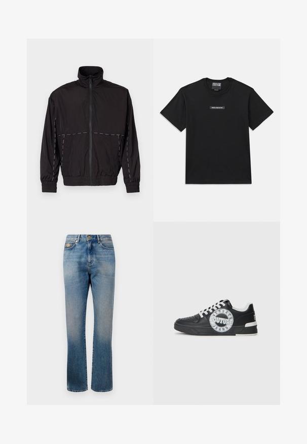 Svart lättviktsjacka med hög krage och dragkedjestängning. Har vita sömnadsdetaljer på axlarna och ärmarna. Elastiska muddar.; Svart t-shirt med kort ärm i bomull. Har en rektangulär logotagg på bröstet med "VERSACE JEANS COUTURE" i vit text.; Blå denimjeans med rak ben, subtil blekning, guldknapp och nitar som detaljer, samt klassisk femficksdesign.; Svart lädersneakers med vita accenter, rund logodetalj, perforerad tå och kontrasterande sula. Har vita snören och varumärkeslogotyp.