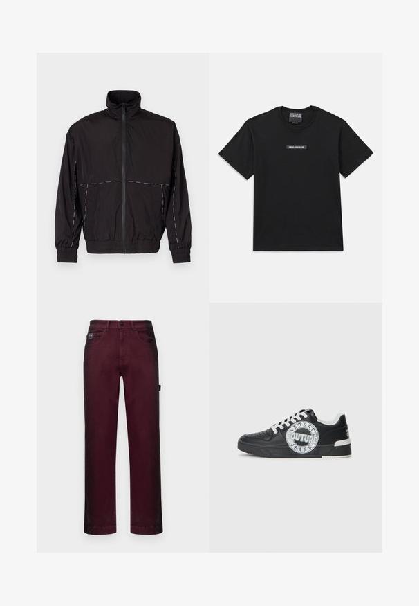 Chaqueta ligera negra con cuello alto y cierre de cremallera. Presenta detalles de costura blanca en los hombros y las mangas. Puños elásticos.; Camiseta de manga corta negra hecha de algodón. Presenta una etiqueta de logo rectangular en el pecho con "VERSACE JEANS COUTURE" en texto blanco.; Pantalones vaqueros burdeos con corte recto, cinco bolsillos, cierre de botón metálico y trabillas para cinturón para ajuste de tamaño.; Zapatillas de cuero negro con acentos blancos, detalles de logo redondo, puntera perforada y suela en contraste. Presentan cordones blancos y una marca.
