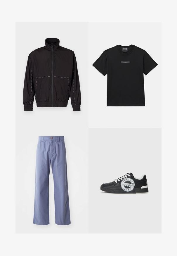 Fekete, könnyű dzseki magas gallérral és cipzáras záróval. Fehér varrási díszítésekkel a vállakon és az ujjakon. Rugalmas mandzsetták.; Fekete, rövid ujjú póló, pamutból készült. A mellrészen elhelyezkedő téglalap alakú logócímke "VERSACE JEANS COUTURE" felirattal, fehér színben.; Világoskék, bő szárú nadrág, pamut keverék anyagból, elöl gombos záródással és két oldalsó zsebbel. Sima tapintású.; Fekete bőr edzőcipő fehér kiemelésekkel, kerek logó részletezéssel, perforált orral és kontrasztos talppal. Jellemzője a fehér fűző és a márkajelzés.