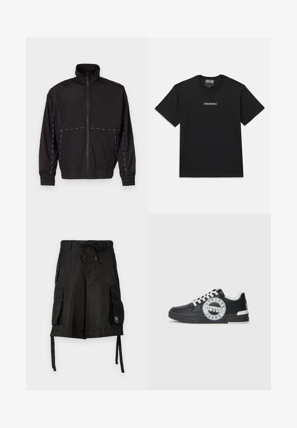 Juodas lengvas švarkas su aukštu apykakle ir užtrauktuku. Savybėje yra balti siuvinėjimo akcentai ant pečių ir rankovių. Elastingi rankogaliai.; Juodas trumpas rankovės marškinėlis, pagamintas iš medvilnės. Ant krūtinės yra stačiakampis logotipo etiketė su užrašu "VERSACE JEANS COUTURE" baltomis raidėmis.; Juoda krovininė šortai su raiščiu juosmenyje, keliomis šoninėmis kišenėmis ir audinio dirželiais apačioje, leidžiančiais reguliuoti ilgį. Švelni tekstūra.; Juodo odinio sportinio avalynė su baltais akcentais, apvaliu logotipo detalizavimu, perforuota priekiu ir kontrastingu padu. Savybės: balti raišteliai ir prekės ženklas.