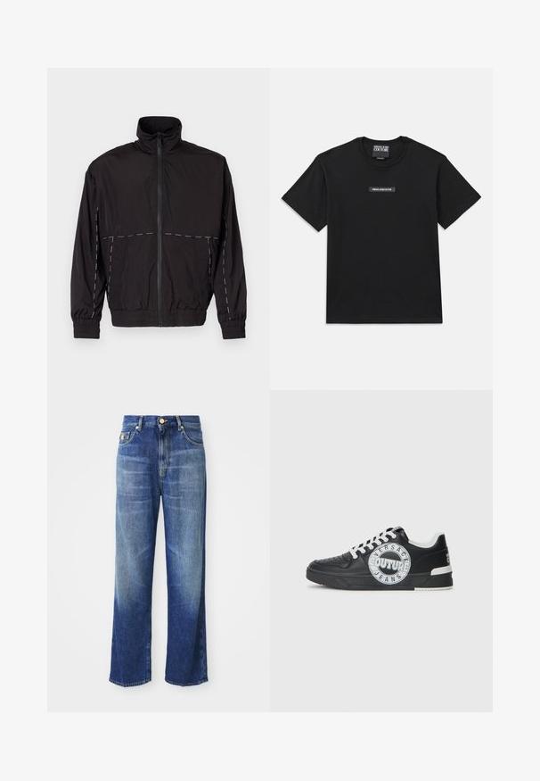 Casaco leve preto com gola alta e fecho de correr. Apresenta detalhes em costura branca nos ombros e mangas. Punhos elásticos.; T-shirt preta de manga curta feita de algodão. Apresenta um rótulo retangular de logo no peito com "VERSACE JEANS COUTURE" em texto branco.; Jeans de ganga azuis de perna reta de cintura alta com um leve efeito de desbotamento e fecho com botão dourado, exibidos sobre um fundo branco.; Tenis de couro preto com detalhes em branco, logótipo redondo, ponta perfurada e sola de contraste. Apresenta atacadores brancos e marca.