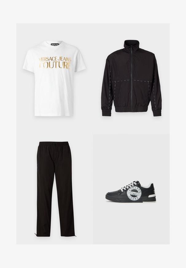 Casaco leve preto com gola alta e fecho de correr. Apresenta detalhes em costura branca nos ombros e mangas. Punhos elásticos.; T-shirt de algodão branca com grande texto em foil dourado "VERSACE JEANS COUTURE" na parte da frente. Gola redonda clássica e mangas curtas.; Calças leves pretas com cintura elástica, fecho por cordão ajustável e bainhas com fecho de correr para ajuste. Textura suave e elegante.; Tenis de couro preto com detalhes em branco, logótipo redondo, ponta perfurada e sola de contraste. Apresenta atacadores brancos e marca.