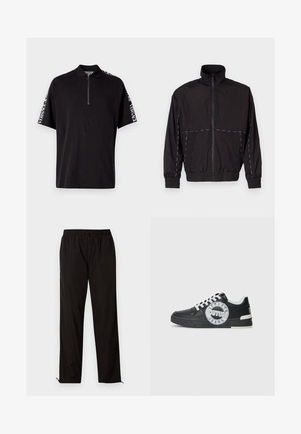 Čierna ľahká bunda s vysokým golierom a zipsom. Má biele švy na pleciach a rukávoch. Elastické manžety.; Čierna polokošeľa s krátkym rukávom a zipsovým golierom. Na ramenných švoch má vytlačené logo Versace Jeans. Hladká textúra látky.; Čierne ľahké nohavice s elastickým pásom, sťahovacím pásom a zipsami na spodnej časti, ktoré umožňujú prispôsobiť veľkosť. Hladká, lesklá textura.; Čierne kožené tenisky s bielymi akcentmi, okrúhlym logom, perforovanou špičkou a kontrastnou podrážkou. Obsahujú biele šnúrky a značkovanie.