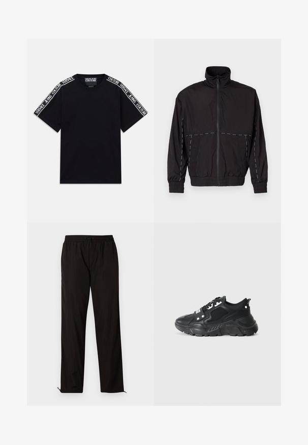 Casaco leve preto com gola alta e fecho de correr. Apresenta detalhes em costura branca nos ombros e mangas. Punhos elásticos.; T-shirt preta de manga curta com faixas brancas com o texto "Versace Jeans Couture" correndo ao longo dos ombros e das mangas superiores.; Calças leves pretas com cintura elástica, fecho por cordão ajustável e bainhas com fecho de correr para ajuste. Textura suave e elegante.; Sapatilha atlética preta com um painel de malha texturizada, sola de borracha espessa, detalhes em contraste e fecho de atacadores. Apresenta uma alça na parte traseira.