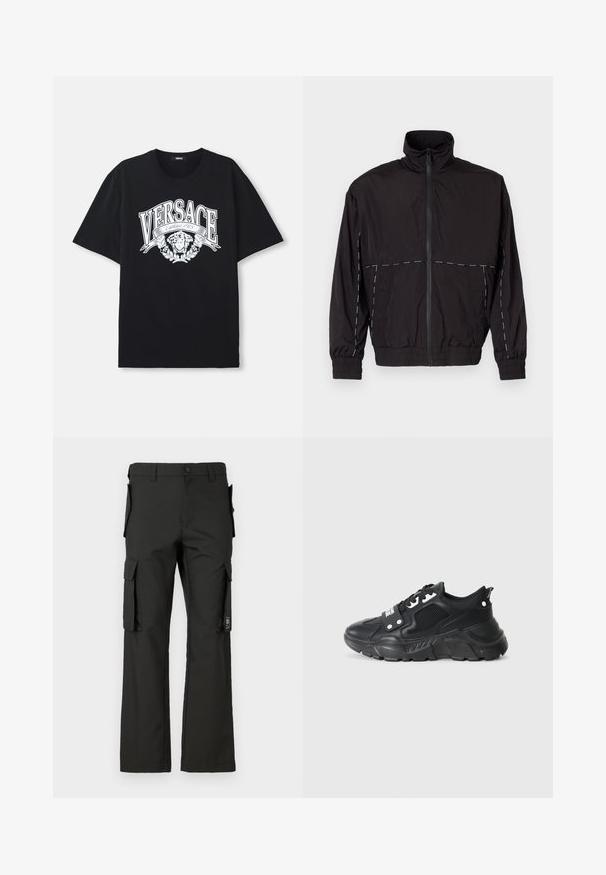 Chaqueta ligera negra con cuello alto y cierre de cremallera. Presenta detalles de costura blanca en los hombros y las mangas. Puños elásticos.; Camiseta de algodón negra con un gran gráfico blanco que incluye "VERSACE" y un diseño artístico de un rostro rodeado de hojas.; Pantalones cargo negros con un diseño de pierna recta, que cuentan con múltiples bolsillos laterales y un cierre de botón. Hechos de una tela duradera, con una textura suave.; Zapatilla deportiva negra con un panel de malla texturizada, suela de goma gruesa, acentos en contraste y cierre con cordones. Presenta una pestaña trasera.