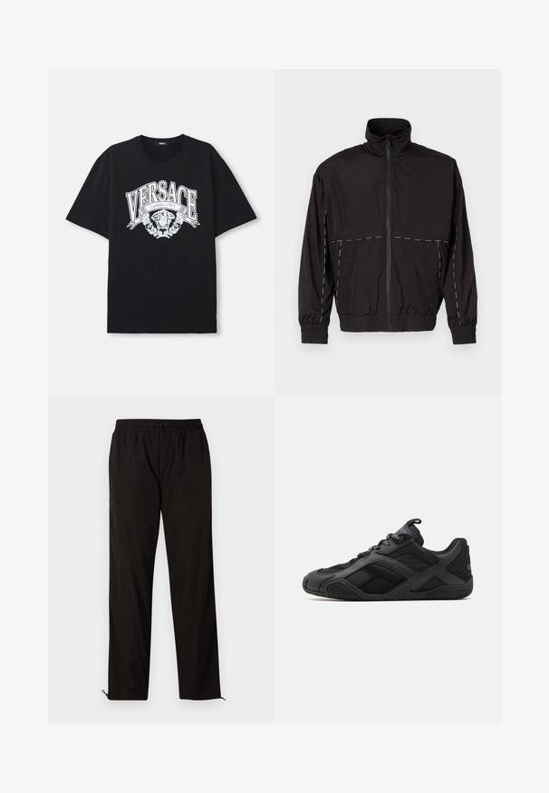 Must musta kerge jakk kõrge kaelusega ja tõmblukuga. Omab valgeid õmblusaktsente õlgadel ja varrukatel. Elastsed mansetid.; Must must t-särk mustast puuvillast, millel on suur valge graafika, kus on kirjas "VERSACE" ja kunstiline näo kujundus, mille ümbritsevad lehed.; Mustad mustriga püksid elastse vöökoha, nööridega sulgemise ja reguleeritavate sääreotstega, millel on lukud. Sile ja läikiv tekstuur.; Mustad mustreeritud ja siledate detailidega mustad jooksujalatsid, millel on silmapaistev disain, kujundatud tald ja silmatorkavad kaubamärgiga detailid.