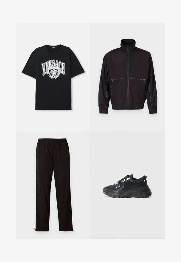 Black lightweight jacket with a high collar and zip closure. Features white stitching accents on the shoulders and sleeves. Elastic cuffs.; Black cotton t-shirt featuring a large white graphic with "VERSACE" and an artistic design of a face surrounded by leaves.; Black lightweight trousers with an elastic waistband, drawstring closure, and zippered hems for adjustable fit. Smooth, sleek texture.; Black athletic sneaker with a textured mesh panel, thick rubber sole, contrasting accents, and a lace-up closure. Features a rear pull tab.