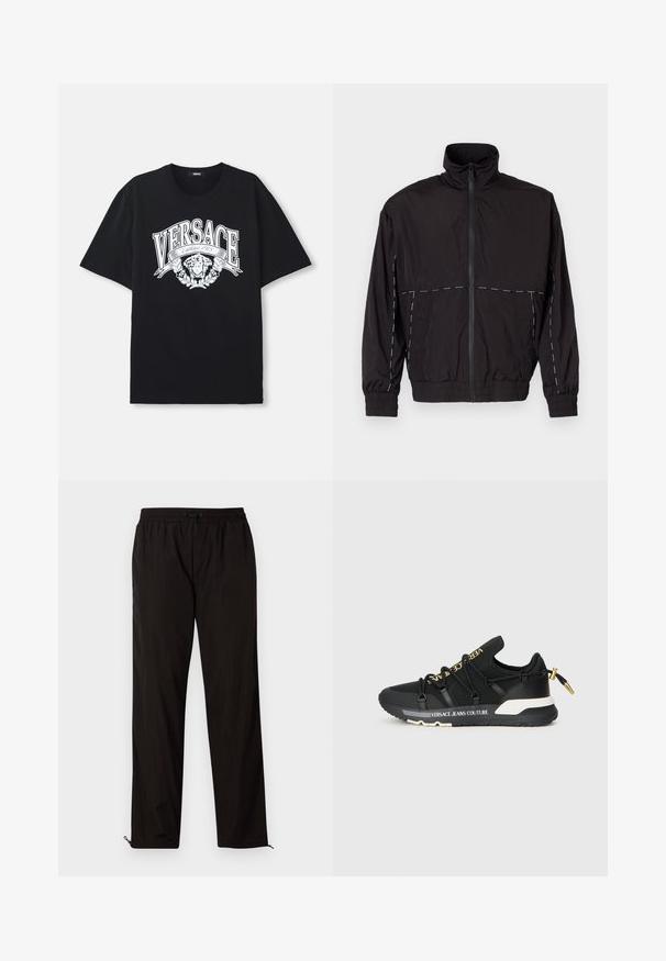 Melna viegla jaka ar augstu apkakli un rāvējslēdzēju. Iezīmējas ar baltām šuvēm uz pleciem un piedurknēm. Elastīgas piedurknes.; Melnas kokvilnas T-krekls ar lielu balto grafiku, kurā redzams "VERSACE" un māksliniecisks sejas dizains, ko ieskauj lapas.; Melni viegli bikses ar elastīgu jostu, aukliņu aizdari un rāvējslēdzēju apakšmalā regulējamai fitē. Gluda, eleganta tekstūra.; Melni sporta apavi ar elegantu dizainu, kuriem ir zelta zīmols, elastīgas šņores un teksturēta zole ar baltām akcentiem.