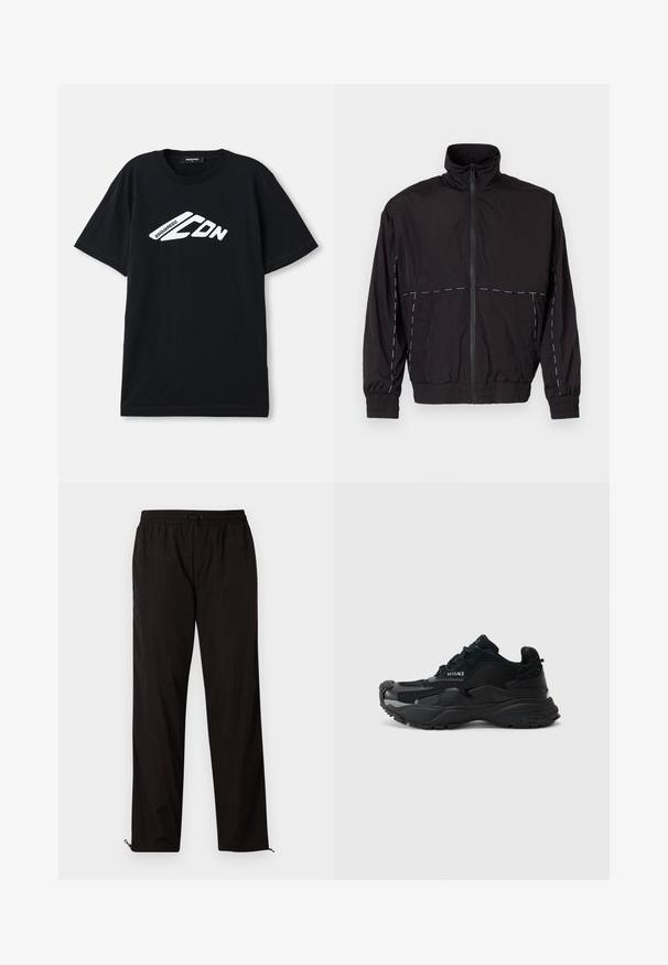 Juodas lengvas švarkas su aukštu apykakle ir užtrauktuku. Savybėje yra balti siuvinėjimo akcentai ant pečių ir rankovių. Elastingi rankogaliai.; Juodas medvilnės T-marškinis, turintis baltą logotipą su kampuotais formomis ir tekstu, su apvaliu kaklu ir trumpomis rankovėmis.; Juodos lengvos kelnės su elastingu juosmeniu, raišteliu ir užtrauktukais apačioje, kad būtų galima pritaikyti dydį. Lygus, glotnus paviršius.; Juodos sportinės sportbačiai, pagaminti iš tinklinės ir zomšinės medžiagos, su tekstūruotu padu, apvaliu nosiu ir Versace logotipo detale šone.