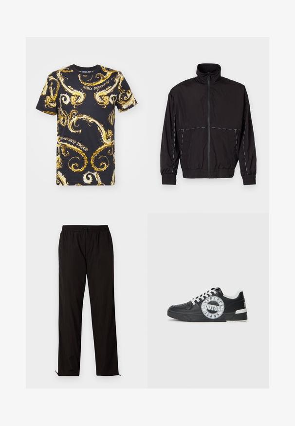 Čierna ľahká bunda s vysokým golierom a zipsom. Má biele švy na pleciach a rukávoch. Elastické manžety.; Versace Jeans Couture CHROMO - Tričko s potlačou - black/gold; Čierne ľahké nohavice s elastickým pásom, sťahovacím pásom a zipsami na spodnej časti, ktoré umožňujú prispôsobiť veľkosť. Hladká, lesklá textura.; Čierne kožené tenisky s bielymi akcentmi, okrúhlym logom, perforovanou špičkou a kontrastnou podrážkou. Obsahujú biele šnúrky a značkovanie.