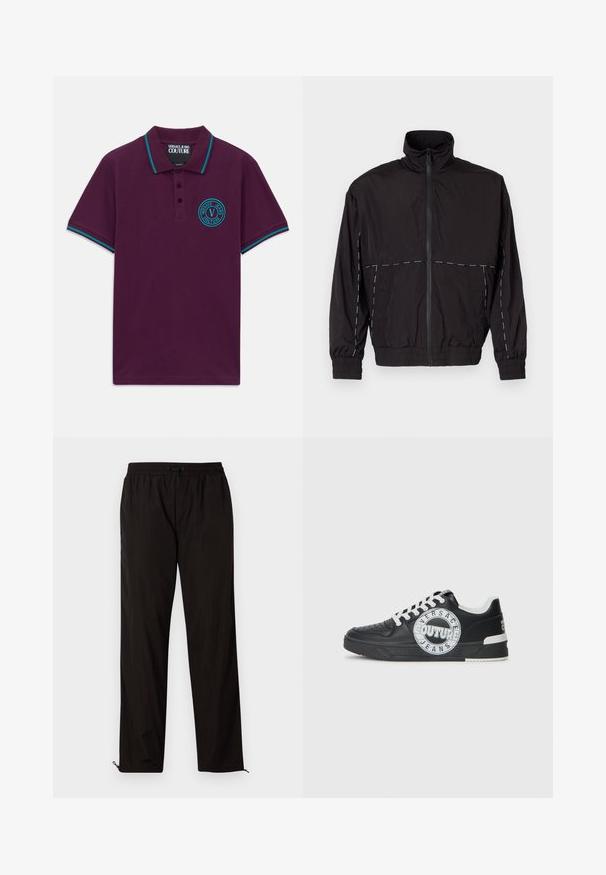 Must musta kerge jakk kõrge kaelusega ja tõmblukuga. Omab valgeid õmblusaktsente õlgadel ja varrukatel. Elastsed mansetid.; Lilla lühikeste varrukatega polo särk, millel on teal'iga triibuline krae ja mansetid, kolm nuppu ning vasakul rinnal ringikujuline teal'iga Versace Jeans Couture logo.; Mustad mustriga püksid elastse vöökoha, nööridega sulgemise ja reguleeritavate sääreotstega, millel on lukud. Sile ja läikiv tekstuur.; Mustad nahast spordijalatsid valgete aktsentidega, ümmargune logode Detail, perforatsiooniga varbaosa ja kontrastne tallaosa. Omab valgeid paelu ja brändimist.