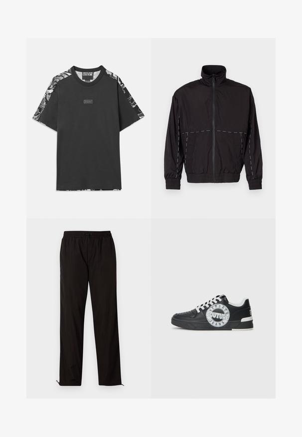 Melna viegla jaka ar augstu apkakli un rāvējslēdzēju. Iezīmējas ar baltām šuvēm uz pleciem un piedurknēm. Elastīgas piedurknes.; Melna kokvilnas T-krekls ar ziedu raksta īsām piedurknēm, apaļu kaklu un mazu logotipa plāksteri priekšpusē. Viegls audums.; Melni viegli bikses ar elastīgu jostu, aukliņu aizdari un rāvējslēdzēju apakšmalā regulējamai fitē. Gluda, eleganta tekstūra.; Melnas ādas sporta kurpes ar baltām akcentiem, apaļu logo detaļu, perforētu purngali un kontrastējošu zoli. Iekļautas baltas šņorītes un zīmols.