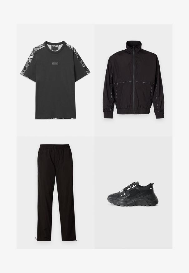 Črna lahka jakna z visokim ovratnikom in zadrgo. Ima bele šive na ramenih in rokavih. Elastični manšeti.; Črna bombažna majica s kratkimi rokavi z cvetličnim vzorcem, okroglo ovratnikom in majhnim logotipom na sprednji strani. Lahka tekstura.; Črne lahke hlače z elastičnim pasom, zapiranjem na vrvico in zadrgo na robovih za prilagodljivost. Gladka, sijoča tekstura.; Črne atletske superge z teksturiranim mrežastim panelom, debelim gumijastim podplatom, kontrastnimi poudarki in vezalnim zapiranjem. Imajo zanko na hrbtni strani.