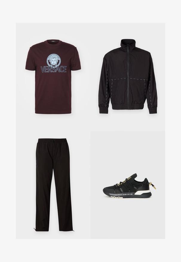 Μαύρο ελαφρύ μπουφάν με ψηλό γιακά και κλείσιμο με φερμουάρ. Διαθέτει λευκές ραφές στις ώμους και τα μανίκια. Ελαστικές μανσέτες.; Versace COMPACT PRINT - Μπλουζάκι με στάμπα - dark aubergine; Μαύρο ελαφρύ παντελόνι με ελαστική μέση, κλείσιμο με σκοινάκι και φερμουάρ στο κάτω μέρος για ρυθμιζόμενη εφαρμογή. Λείος και κομψός υφή.; Μαύρα αθλητικά παπούτσια με κομψό σχέδιο, που διαθέτουν χρυσό λογότυπο, ελαστικά κορδόνια και υφή σόλας με λευκές λεπτομέρειες.