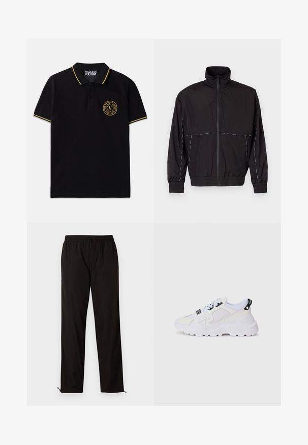 Μαύρο ελαφρύ μπουφάν με ψηλό γιακά και κλείσιμο με φερμουάρ. Διαθέτει λευκές ραφές στις ώμους και τα μανίκια. Ελαστικές μανσέτες.; Μαύρο πόλο μπλουζάκι από βαμβάκι με κολάρο με κίτρινη ρίγα, δύο κουμπιά στην μπροστινή πλευρά και κεντημένο κυκλικό λογότυπο στο αριστερό στήθος.; Μαύρο ελαφρύ παντελόνι με ελαστική μέση, κλείσιμο με σκοινάκι και φερμουάρ στο κάτω μέρος για ρυθμιζόμενη εφαρμογή. Λείος και κομψός υφή.; Λευκά αθλητικά παπούτσια με άνω μέρος από δίχτυ, παχιά σόλα και μαύρες λεπτομέρειες με εκτυπωμένο λογότυπο. Κείμενο με υφή και δομημένο σχέδιο.