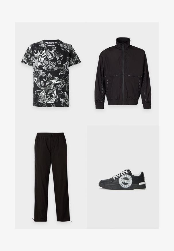 Juodas lengvas švarkas su aukštu apykakle ir užtrauktuku. Savybėje yra balti siuvinėjimo akcentai ant pečių ir rankovių. Elastingi rankogaliai.; Juodas marškinėlis su sudėtingu baltu ir pilku gėlių raštu, apvalia kaklo iškirpte, trumpomis rankovėmis, minkšta medžiaga ir logotipu "Versace Jeans Couture" priekyje.; Juodos lengvos kelnės su elastingu juosmeniu, raišteliu ir užtrauktukais apačioje, kad būtų galima pritaikyti dydį. Lygus, glotnus paviršius.; Juodo odinio sportinio avalynė su baltais akcentais, apvaliu logotipo detalizavimu, perforuota priekiu ir kontrastingu padu. Savybės: balti raišteliai ir prekės ženklas.