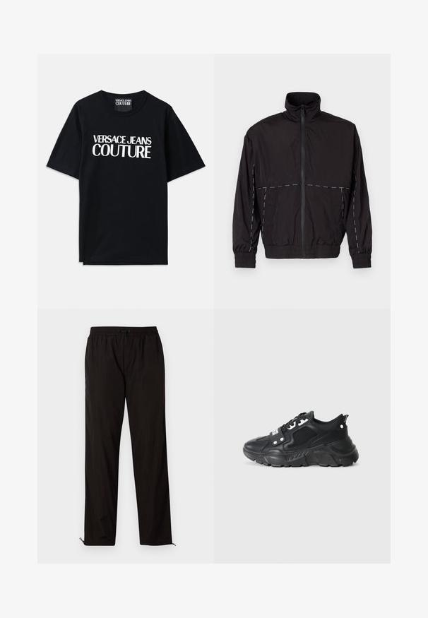 Melna viegla jaka ar augstu apkakli un rāvējslēdzēju. Iezīmējas ar baltām šuvēm uz pleciem un piedurknēm. Elastīgas piedurknes.; Melnas kokvilnas T-krekls ar īsām piedurknēm, uz kura priekšpuses ir lieli balti burti "VERSACE JEANS COUTURE". Klasiska apaļa kakla dizaina.; Melni viegli bikses ar elastīgu jostu, aukliņu aizdari un rāvējslēdzēju apakšmalā regulējamai fitē. Gluda, eleganta tekstūra.; Melna sporta kedu ar teksturētu sietu, biezu gumijas zoli, kontrastējošiem akcentiem un auklu aizdari. Iekļauts aizmugurējais cilpiņas tausts.