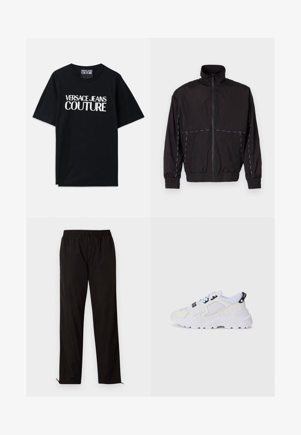 Juodas lengvas švarkas su aukštu apykakle ir užtrauktuku. Savybėje yra balti siuvinėjimo akcentai ant pečių ir rankovių. Elastingi rankogaliai.; Juoda medvilninė marškinėliai su trumpomis rankovėmis, ant priekinės dalies su dideliais baltais užrašais "VERSACE JEANS COUTURE". Klasikinio apvalaus kaklo dizainas.; Juodos lengvos kelnės su elastingu juosmeniu, raišteliu ir užtrauktukais apačioje, kad būtų galima pritaikyti dydį. Lygus, glotnus paviršius.; Baltos sportinės kedai su tinkleliu viršuje, storu padu ir juodomis detalėmis bei atspaustu prekės ženklu. Tekstūruotas ir struktūruotas dizainas.