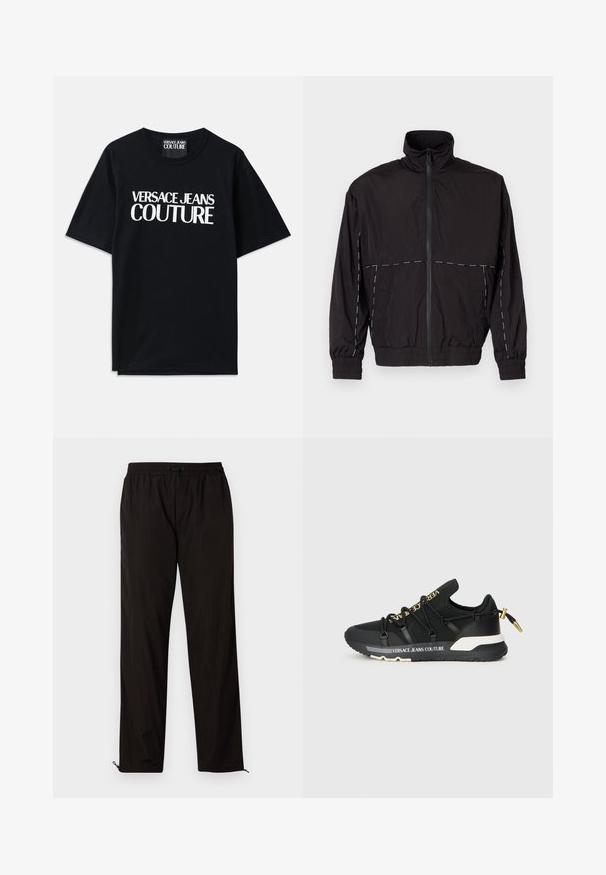 Černá lehká bunda s vysokým límcem a zipovým zapínáním. Má bílé prošívání na ramenou a rukávech. Elastické manžety.; Černé bavlněné tričko s krátkými rukávy s velkým bílým textem "VERSACE JEANS COUTURE" na přední straně. Klasický design s kulatým výstřihem.; Černé lehké kalhoty s elastickým pasem, stahovací šňůrkou a zipovými nohavicemi pro nastavitelný střih. Hladká, elegantní textura.; Černé sportovní tenisky se štíhlým designem, se zlatým brandingem, elastickými tkaničkami a texturovanou podrážkou s bílými akcenty.