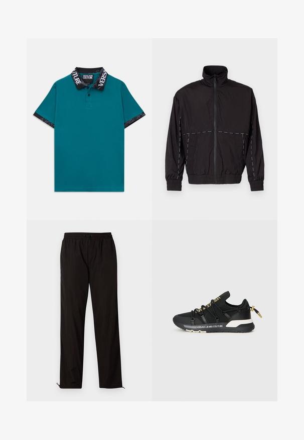 Giacca nera leggera con colletto alto e chiusura a zip. Presenta dettagli in cucitura bianca sulle spalle e sulle maniche. Polsi elasticizzati.; Polo a maniche corte teal con colletto e polsini neri, con scritta bianca "Versace Jeans Couture" e motivi decorativi.; Pantaloni leggeri neri con vita elastica, chiusura con cordino e orli con zip per una vestibilità regolabile. Texture liscia e elegante.; Sneakers atletici neri dal design elegante, con marchio dorato, lacci elastici e suola testurizzata con accenti bianchi.