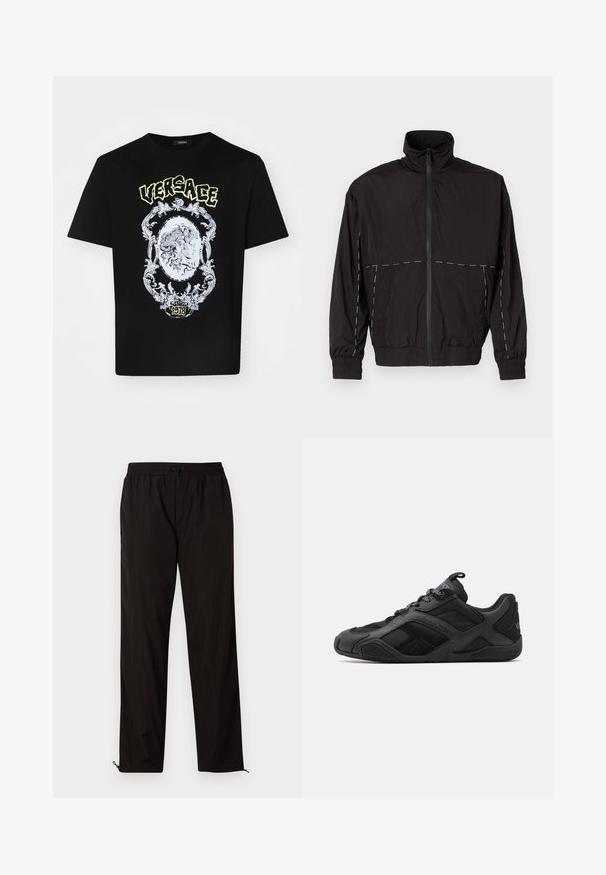 Black lightweight jacket with a high collar and zip closure. Features white stitching accents on the shoulders and sleeves. Elastic cuffs.; Black cotton T-shirt featuring a detailed white graphic design with a central medallion and the text "VERSACE" above, and "1978" below.; Black lightweight trousers with an elastic waistband, drawstring closure, and zippered hems for adjustable fit. Smooth, sleek texture.; Black athletic shoes with a mix of smooth and textured materials, featuring a distinct design, shaped sole, and prominent branding details.