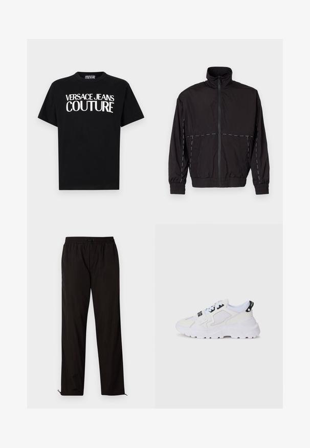 Μαύρο ελαφρύ μπουφάν με ψηλό γιακά και κλείσιμο με φερμουάρ. Διαθέτει λευκές ραφές στις ώμους και τα μανίκια. Ελαστικές μανσέτες.; Μαύρο βαμβακερό t-shirt με την επιγραφή "VERSACE JEANS COUTURE" σε έντονα λευκά γράμματα μπροστά. Κλασικός σχεδιασμός με στρογγυλή λαιμόκοψη.; Μαύρο ελαφρύ παντελόνι με ελαστική μέση, κλείσιμο με σκοινάκι και φερμουάρ στο κάτω μέρος για ρυθμιζόμενη εφαρμογή. Λείος και κομψός υφή.; Λευκά αθλητικά παπούτσια με άνω μέρος από δίχτυ, παχιά σόλα και μαύρες λεπτομέρειες με εκτυπωμένο λογότυπο. Κείμενο με υφή και δομημένο σχέδιο.