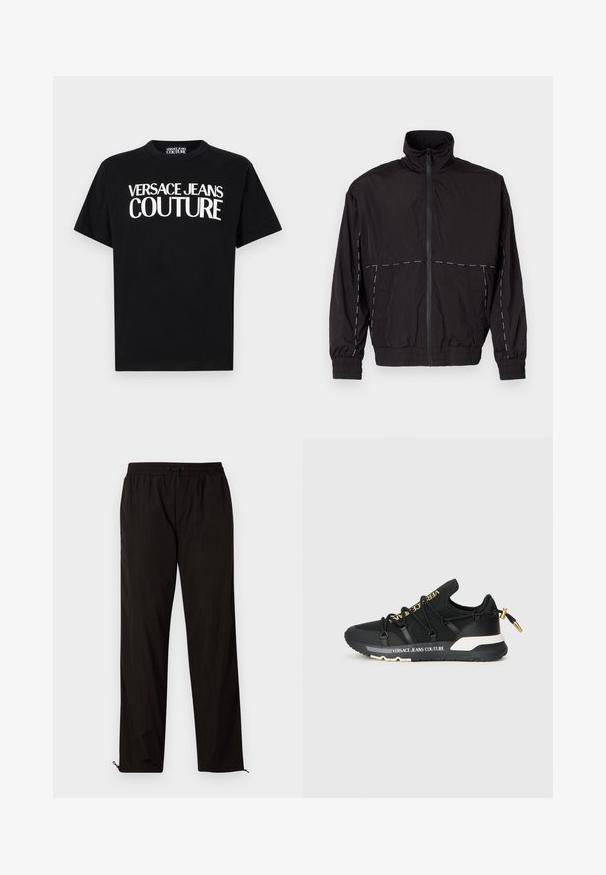 Casaco leve preto com gola alta e fecho de correr. Apresenta detalhes em costura branca nos ombros e mangas. Punhos elásticos.; T-shirt preta de algodão com o texto "VERSACE JEANS COUTURE" em letras brancas em negrito na parte da frente. Design clássico de gola redonda.; Calças leves pretas com cintura elástica, fecho por cordão ajustável e bainhas com fecho de correr para ajuste. Textura suave e elegante.; Ténis de desporto pretos com um design elegante, apresentando uma marcação dourada, atacadores elásticos e uma sola texturizada com detalhes em branco.