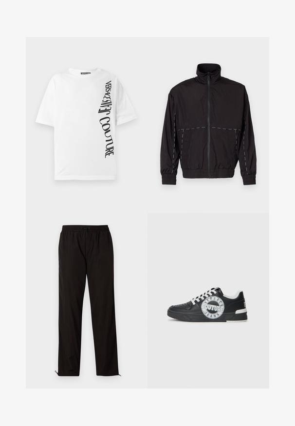 Juodas lengvas švarkas su aukštu apykakle ir užtrauktuku. Savybėje yra balti siuvinėjimo akcentai ant pečių ir rankovių. Elastingi rankogaliai.; Balta didelė medvilninė marškinėlių suknelė, su juodu vertikaliu tekstu "VERSACE JEANS COUTURE" kairėje pusėje. Apvalus iškirpimas.; Juodos lengvos kelnės su elastingu juosmeniu, raišteliu ir užtrauktukais apačioje, kad būtų galima pritaikyti dydį. Lygus, glotnus paviršius.; Juodo odinio sportinio avalynė su baltais akcentais, apvaliu logotipo detalizavimu, perforuota priekiu ir kontrastingu padu. Savybės: balti raišteliai ir prekės ženklas.