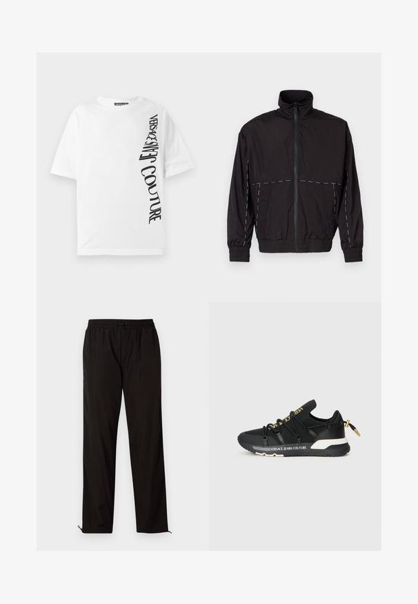 Černá lehká bunda s vysokým límcem a zipovým zapínáním. Má bílé prošívání na ramenou a rukávech. Elastické manžety.; Bílé oversized tričko vyrobené z bavlny, s černým vertikálním textem "VERSACE JEANS COUTURE" na levé straně. Kulatý výstřih.; Černé lehké kalhoty s elastickým pasem, stahovací šňůrkou a zipovými nohavicemi pro nastavitelný střih. Hladká, elegantní textura.; Černé sportovní tenisky se štíhlým designem, se zlatým brandingem, elastickými tkaničkami a texturovanou podrážkou s bílými akcenty.