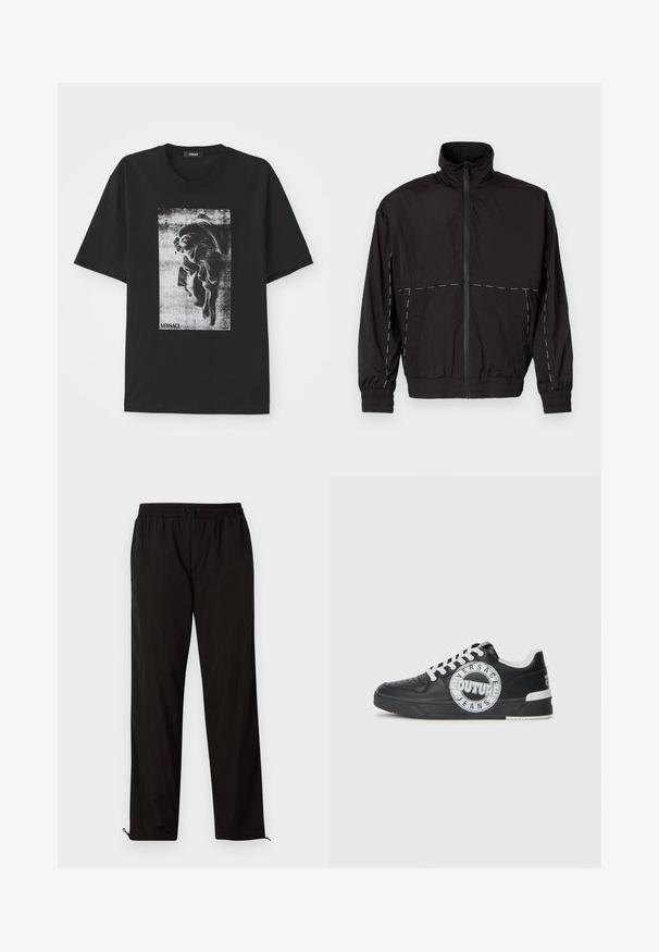 Juodas lengvas švarkas su aukštu apykakle ir užtrauktuku. Savybėje yra balti siuvinėjimo akcentai ant pečių ir rankovių. Elastingi rankogaliai.; Juodas medvilninis marškinėliai su ryškiu grafiniu atspaudu, vaizduojančiu klasikinį veidą pilkų atspalvių. Apvalus iškirpimas ir trumpomis rankovėmis. Su Versace logotipu.; Juodos lengvos kelnės su elastingu juosmeniu, raišteliu ir užtrauktukais apačioje, kad būtų galima pritaikyti dydį. Lygus, glotnus paviršius.; Juodo odinio sportinio avalynė su baltais akcentais, apvaliu logotipo detalizavimu, perforuota priekiu ir kontrastingu padu. Savybės: balti raišteliai ir prekės ženklas.
