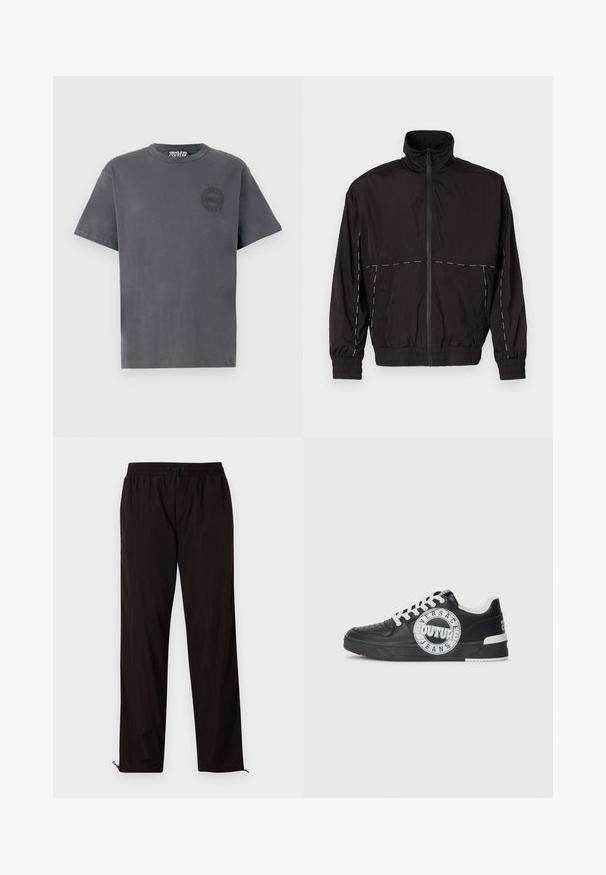 Casaco leve preto com gola alta e fecho de correr. Apresenta detalhes em costura branca nos ombros e mangas. Punhos elásticos.; T-shirt de mangas curtas cinza-escuro com decote redondo e pequeno logótipo circular da Versace Jeans Couture no lado esquerdo do peito.; Calças leves pretas com cintura elástica, fecho por cordão ajustável e bainhas com fecho de correr para ajuste. Textura suave e elegante.; Tenis de couro preto com detalhes em branco, logótipo redondo, ponta perfurada e sola de contraste. Apresenta atacadores brancos e marca.