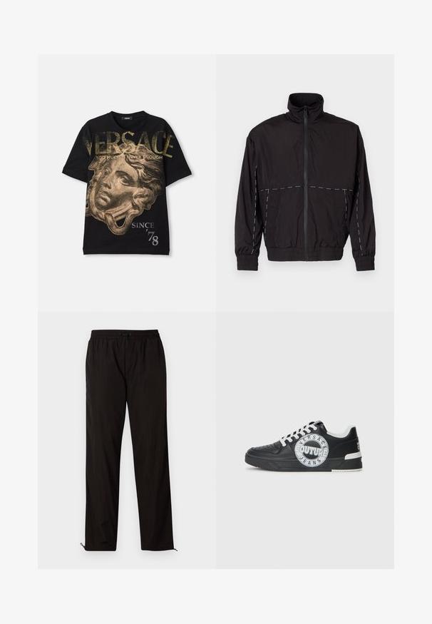 Must musta kerge jakk kõrge kaelusega ja tõmblukuga. Omab valgeid õmblusaktsente õlgadel ja varrukatel. Elastsed mansetid.; Must musta T-särk mustast puuvillast, millel on kuldne graafiline trükk pead, suur "VERSACE" tekst ja loosung "LIIG PALJU EI OLE KUNAGI PIISAVALT". Lühikesed varrukad.; Mustad mustriga püksid elastse vöökoha, nööridega sulgemise ja reguleeritavate sääreotstega, millel on lukud. Sile ja läikiv tekstuur.; Mustad nahast spordijalatsid valgete aktsentidega, ümmargune logode Detail, perforatsiooniga varbaosa ja kontrastne tallaosa. Omab valgeid paelu ja brändimist.