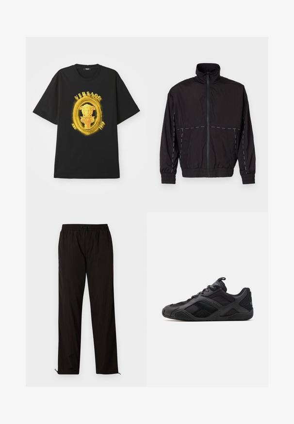 Juodas lengvas švarkas su aukštu apykakle ir užtrauktuku. Savybėje yra balti siuvinėjimo akcentai ant pečių ir rankovių. Elastingi rankogaliai.; Juodas trumpomis rankovėmis marškinėliai su geltonu puošniu ovaliu rėmu, Medūzos galvos skulptūra ir "VERSACE" tekstu priekyje.; Juodos lengvos kelnės su elastingu juosmeniu, raišteliu ir užtrauktukais apačioje, kad būtų galima pritaikyti dydį. Lygus, glotnus paviršius.; Juodos sportinės avalynės su lygių ir tekstūruotų medžiagų deriniu, išsiskiriančiu dizainu, formuotu padu ir ryškiais prekės ženklo atributais.