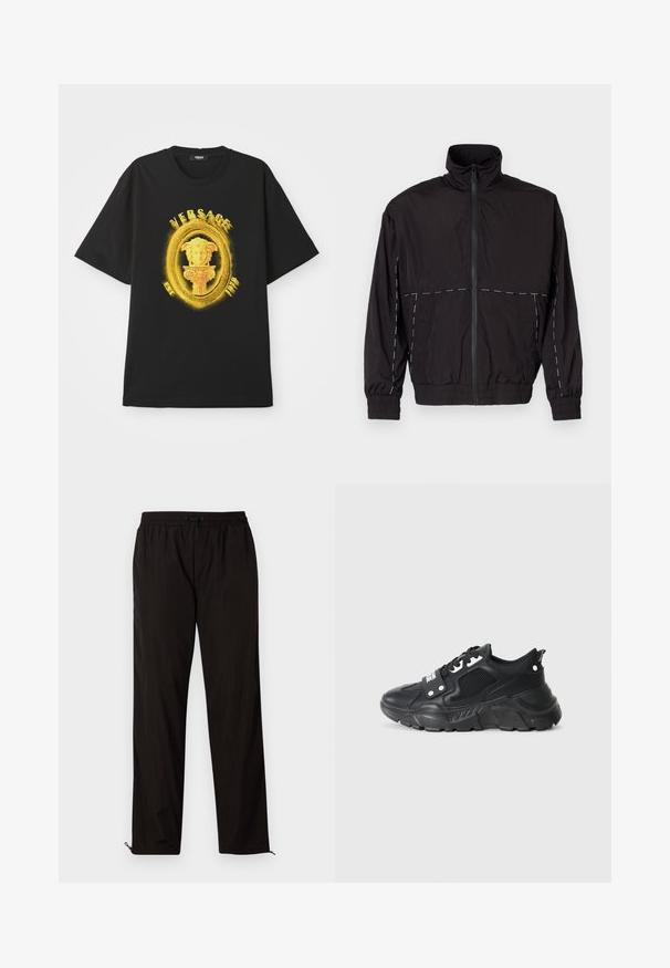 Črna lahka jakna z visokim ovratnikom in zadrgo. Ima bele šive na ramenih in rokavih. Elastični manšeti.; Črna majica s kratkimi rokavi z rumenim okrasnim ovalnim okvirjem, skulpturo Meduze in napisom "VERSACE" na sprednji strani.; Črne lahke hlače z elastičnim pasom, zapiranjem na vrvico in zadrgo na robovih za prilagodljivost. Gladka, sijoča tekstura.; Črne atletske superge z teksturiranim mrežastim panelom, debelim gumijastim podplatom, kontrastnimi poudarki in vezalnim zapiranjem. Imajo zanko na hrbtni strani.
