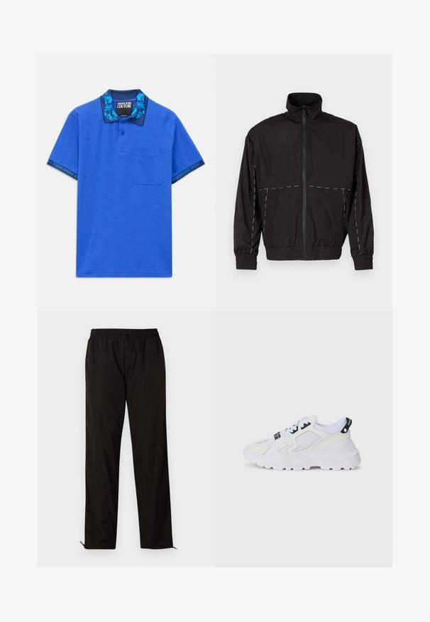 Casaco leve preto com gola alta e fecho de correr. Apresenta detalhes em costura branca nos ombros e mangas. Punhos elásticos.; Polo de manga curta azul com bolso frontal, gola azul-escura com padrão floral e texto "Versace Jeans Couture" nas bordas das mangas.; Calças leves pretas com cintura elástica, fecho por cordão ajustável e bainhas com fecho de correr para ajuste. Textura suave e elegante.; Ténis desportivos brancos com parte superior em rede, sola grossa e detalhes pretos com marca impressa. Design texturizado e estruturado.