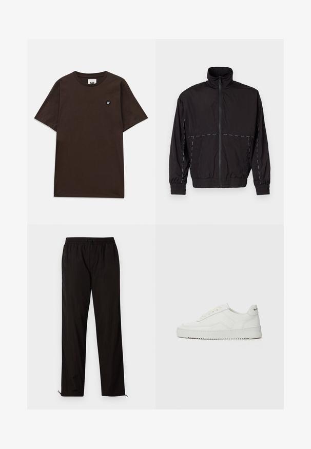 Black lightweight jacket with a high collar and zip closure. Features white stitching accents on the shoulders and sleeves. Elastic cuffs.; Dark brown short-sleeve t-shirt with a round neckline and a small black and white logo patch on the upper left chest.; Black lightweight trousers with an elastic waistband, drawstring closure, and zippered hems for adjustable fit. Smooth, sleek texture.; White leather sneaker with a smooth finish, round toe, flat laces, and a textured sole. Features a subtle logo on the heel.