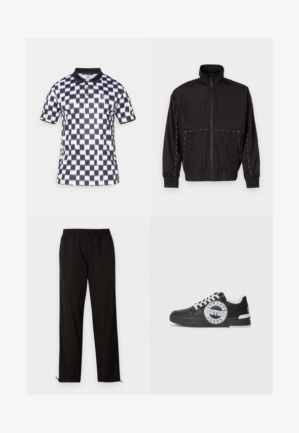 Svart lättviktsjacka med hög krage och dragkedjestängning. Har vita sömnadsdetaljer på axlarna och ärmarna. Elastiska muddar.; Kortärmad polo med svartvitt zigzag-mönster, svart krage och märkeslogotyp på bröstet. Mjuk tygkänsla.; Svarta lätta byxor med elastisk midja, snörning och dragkedja vid bensluten för justerbar passform. Slät och elegant yta.; Svart lädersneakers med vita accenter, rund logodetalj, perforerad tå och kontrasterande sula. Har vita snören och varumärkeslogotyp.