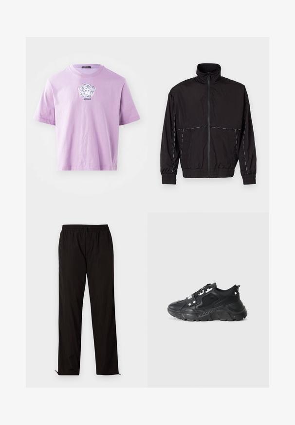 Melna viegla jaka ar augstu apkakli un rāvējslēdzēju. Iezīmējas ar baltām šuvēm uz pleciem un piedurknēm. Elastīgas piedurknes.; Lavagandu kokvilnas t-krekls ar īsām piedurknēm, kas rotāts ar izšūtu Medūzas logotipu un zem tā esošo "VERSACE" tekstu. Ikdienas piegriezums un mīksta tekstūra.; Melni viegli bikses ar elastīgu jostu, aukliņu aizdari un rāvējslēdzēju apakšmalā regulējamai fitē. Gluda, eleganta tekstūra.; Melna sporta kedu ar teksturētu sietu, biezu gumijas zoli, kontrastējošiem akcentiem un auklu aizdari. Iekļauts aizmugurējais cilpiņas tausts.