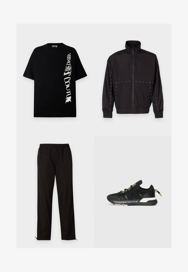 Casaco leve preto com gola alta e fecho de correr. Apresenta detalhes em costura branca nos ombros e mangas. Punhos elásticos.; T-shirt de algodão preto com mangas curtas, apresentando texto diagonal branco "VERSACE JEANS COUTURE" na frente, design com gola redonda.; Calças leves pretas com cintura elástica, fecho por cordão ajustável e bainhas com fecho de correr para ajuste. Textura suave e elegante.; Ténis de desporto pretos com um design elegante, apresentando uma marcação dourada, atacadores elásticos e uma sola texturizada com detalhes em branco.