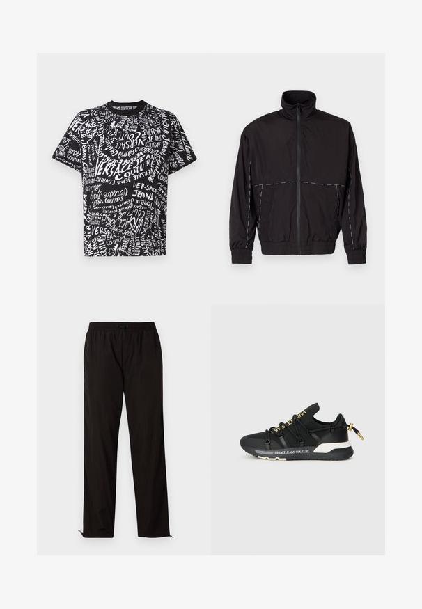 Melna viegla jaka ar augstu apkakli un rāvējslēdzēju. Iezīmējas ar baltām šuvēm uz pleciem un piedurknēm. Elastīgas piedurknes.; Melna kokvilnas T-kreklā, kas piedāvā haotisku dizainu ar baltu tekstu, kas ietver "Versace" un "Jeans Couture", dažādās izmēros un orientācijās.; Melni viegli bikses ar elastīgu jostu, aukliņu aizdari un rāvējslēdzēju apakšmalā regulējamai fitē. Gluda, eleganta tekstūra.; Melni sporta apavi ar elegantu dizainu, kuriem ir zelta zīmols, elastīgas šņores un teksturēta zole ar baltām akcentiem.