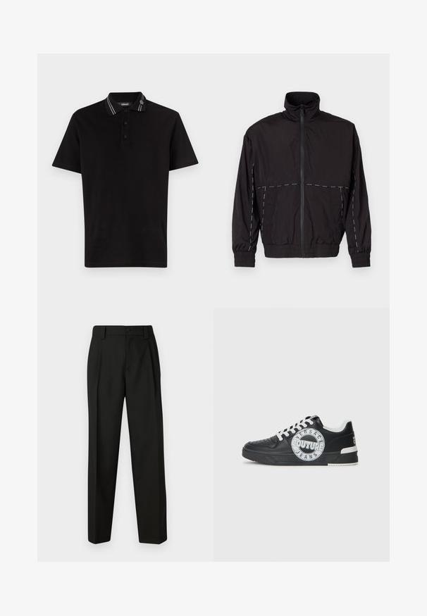 Svart lättviktsjacka med hög krage och dragkedjestängning. Har vita sömnadsdetaljer på axlarna och ärmarna. Elastiska muddar.; Svart pikétröja i bomull, utrustad med en treknappslå, kort ärm och en randig krage med logodetalj.; Svart skräddarsydda byxor i slät tyg. Har raka ben, enkel knäppning och bälteshällor. Inga synliga mönster eller dekorationer.; Svart lädersneakers med vita accenter, rund logodetalj, perforerad tå och kontrasterande sula. Har vita snören och varumärkeslogotyp.