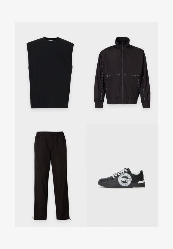 Crna lagana jakna s visokim ovratnikom i zatvaranjem na zip. Ima bijele šavove na ramenima i rukavima. Elastični manžeti.; Crna bez rukava majica od pamuka s okruglim izrezom, koja ima teksturirani logo na lijevoj prednjoj strani i glatku završnu obradu.; Crne lagane hlače s elastičnim pojasom, zatvaranjem na vezicu i patentnim zatvaračima na rubovima za podesiv fit. Glatka, elegantna tekstura.; Crne kožne tenisice s bijelim detaljima, okruglim logotipom, perforiranim prstom i kontrastnom potplatom. Imaju bijele vezice i brendiranje.