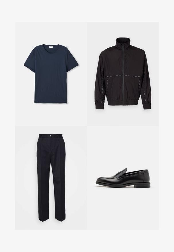Jachetă neagră ușoară cu guler înalt și închidere cu fermoar. Prezintă accente de cusături albe pe umeri și mâneci. Mansete elastice.; Tricou cu mânecă scurtă și guler rotund, de culoare bleumarin, cu o etichetă albă mică în interiorul gulerului, pe un fundal alb.; Pantaloni negri croiți, cu un design drept, realizați dintr-un material neted, având închidere cu nasture în față și două buzunare laterale.; Mocasini din piele neagră cu o textură netedă, vârf rotund și o curea decorativă peste partea superioară. Toc mic, design minimalist.