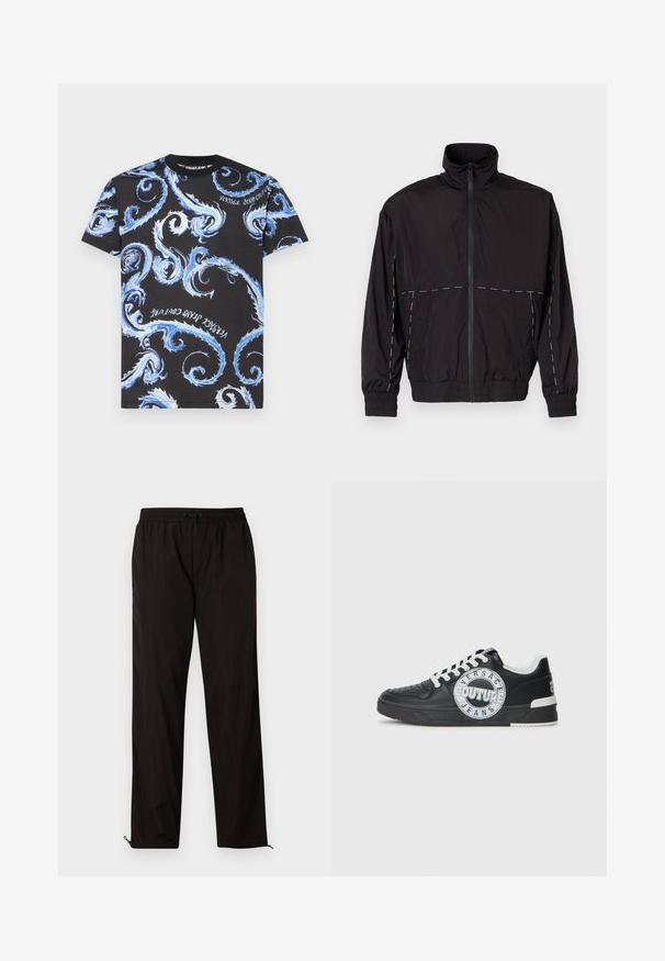 Melna viegla jaka ar augstu apkakli un rāvējslēdzēju. Iezīmējas ar baltām šuvēm uz pleciem un piedurknēm. Elastīgas piedurknes.; Versace Jeans Couture CHROMO - Apdrukāts T-krekls - black/royal blue; Melni viegli bikses ar elastīgu jostu, aukliņu aizdari un rāvējslēdzēju apakšmalā regulējamai fitē. Gluda, eleganta tekstūra.; Melnas ādas sporta kurpes ar baltām akcentiem, apaļu logo detaļu, perforētu purngali un kontrastējošu zoli. Iekļautas baltas šņorītes un zīmols.